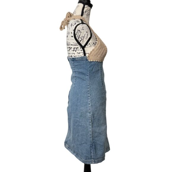 Wayne Rogers Denim Crochet Halter Dress Y2K Womens Size M - Picture 2 of 7